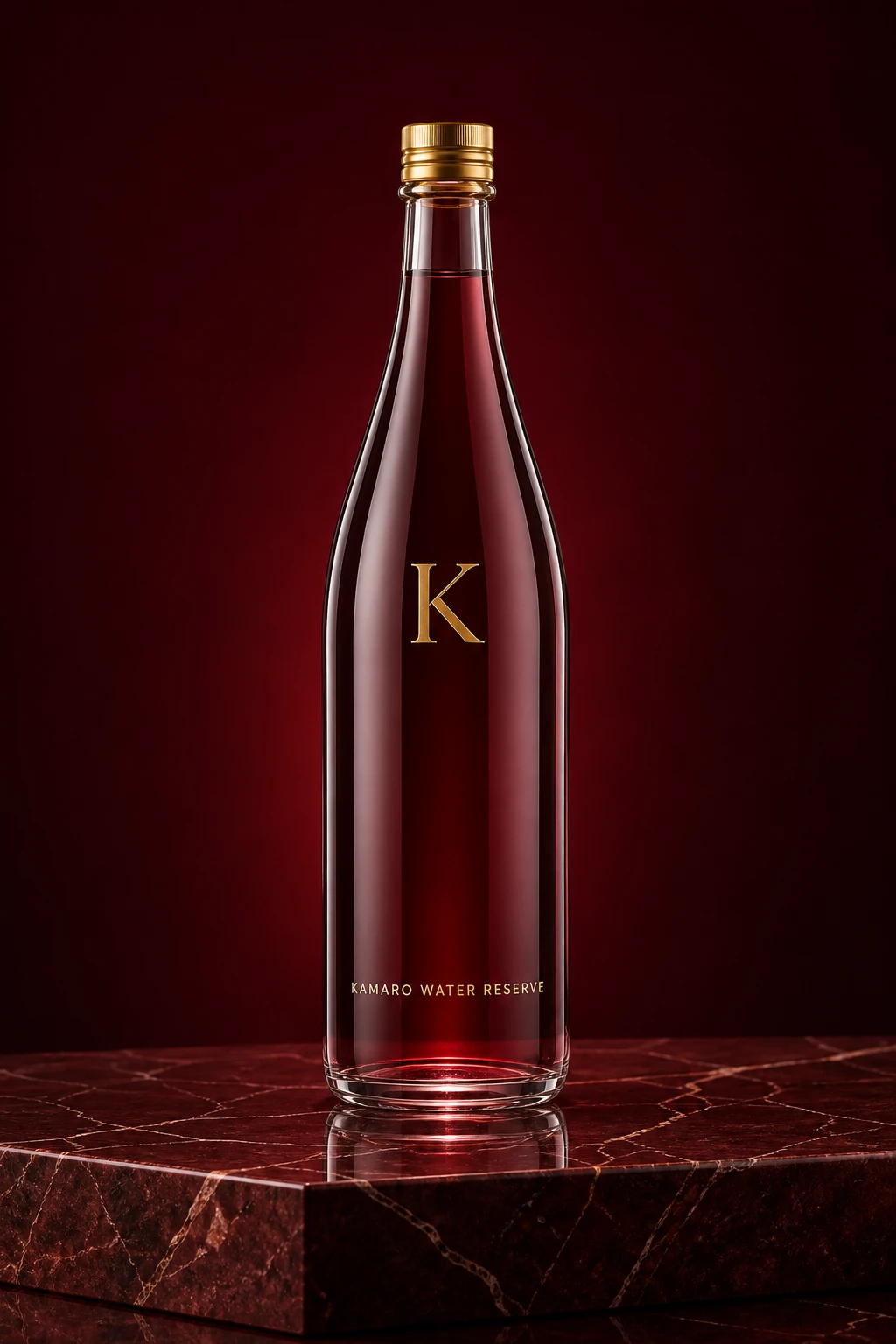 Kamaro Water Reserve bottle on a burgundy stone product stage